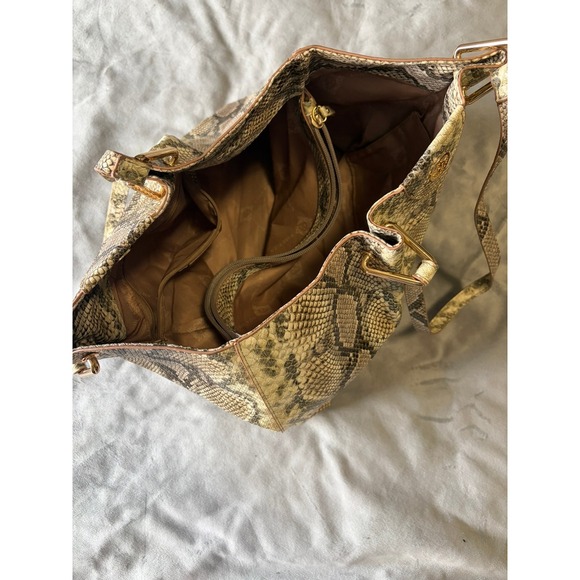 Anne Klein Snakeskin Print Tote Bag Gold Tone Hardware Lion Logo Neutral Brown - Picture 4 of 5